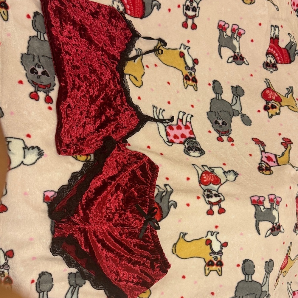 Red Velvet and Black Lace Lingerie Set